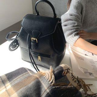 Snap-button Pleather Flap Backpack Black - One Size