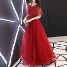 Short-sleeve Sequin Panel A-line Evening Gown
