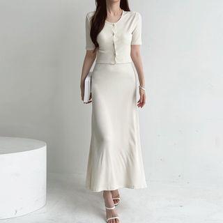 Set: Short-sleeve Cardigan + Ribbed Maxi Dress