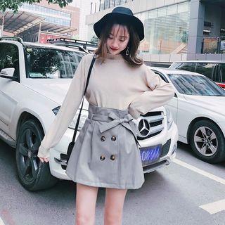 Faux Leather Double-breasted Mini A-line Skirt