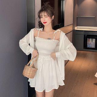 Set: Long-sleeve Sheer Shirt + Spaghetti Strap Shirred Top + A-line Mini Skirt White - One Size