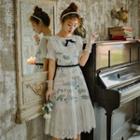 Flower Embroidered Eyelet Lace A-line Dress / Lace Gloves / Set