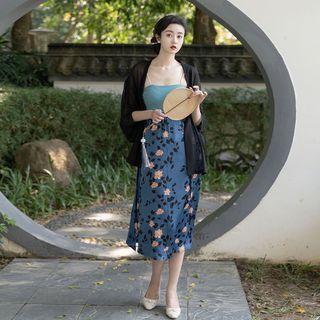 Set: Elbow-sleeve Light Jacket + Camisole Top + Floral Midi Pencil Skirt