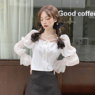 Long-sleeve Tie-front Cropped Blouse