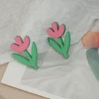 Flower Stud Earring 1 Pair - Pink & Green - One Size