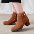 Block Heel Frill-trim Ankle Boots