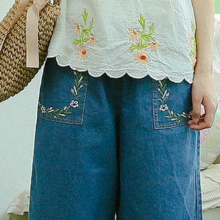Wide-leg Flower-embroidered Jeans