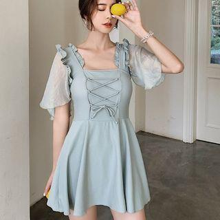 Short-sleeve Frill Trim A-line Swim Dress