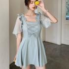 Short-sleeve Frill Trim A-line Swim Dress