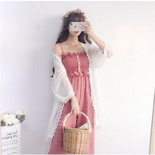 Set: Plain Camisole Top + Cropped Wide-leg Pants / Lace Jacket / Cutout Jacket