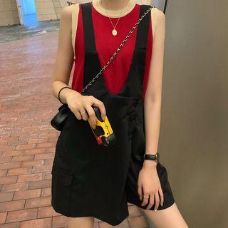 Knit Top / Pinstriped Shirt / Suspender Shorts
