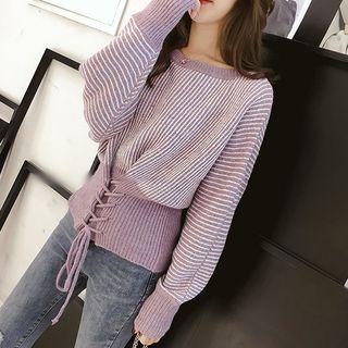 Striped Lace-up Sweater Purple - One Size