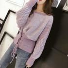 Striped Lace-up Sweater Purple - One Size