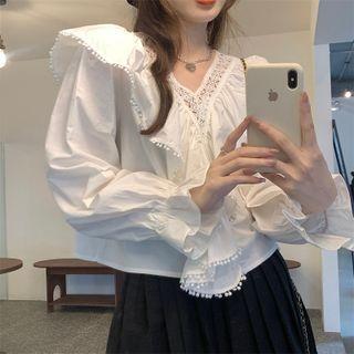 Long-sleeve Ruffle Drawstring V-neck Panel Top