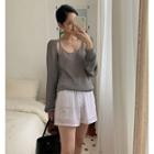 Long Sleeve Plain Knit Cardigan + Round Neck Plain Knit Camisole Gray - One Size