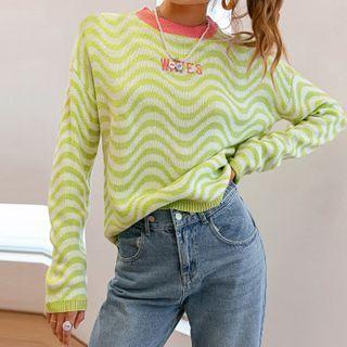 Wavy Striped Lettering Sweater