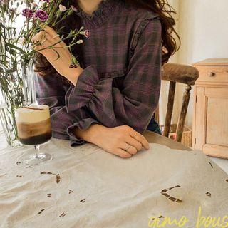 Smock-neck Frill-trim Plaid Blouse