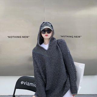 Hooded Striped Sweater Stripes - Black & Gray - One Size