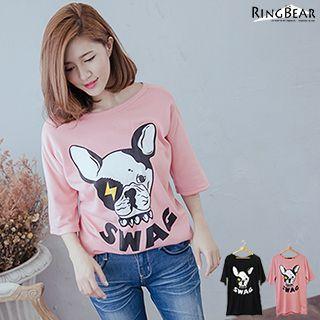 3/4 Sleeve Dog Print Tee