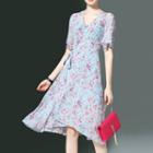 Floral Print Wrap Front A-line Midi Chiffon Dress