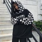 Checkered Panel Lettering Hoodie Black - One Size