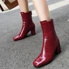 Square-toe Patent Chunky Heel Short Boots