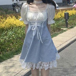Short-sleeve Mock-two-piece Lace Trim Plaid Dress