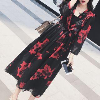Floral Print 3/4-sleeve Midi A-line Dress