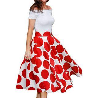 Printed Panel Off Shoulder Short Sleeve A-line Dress