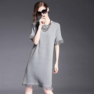 Fringed Elbow Sleeve Midi Shift Dress