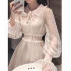 Mesh Long-sleeve A-line Dress Almond - One Size