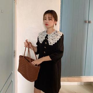 Crocket-collar Elbow-sleeve Dress Black - One Size