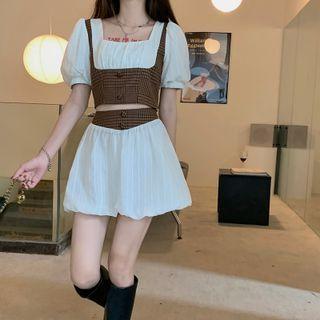 Puff-sleeve Two-tone Crop Top / Mini A-line Skirt