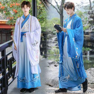 Crane Embroidered Midi Hanfu Jacket / Long-sleeve Top / Maxi Skirt / Set