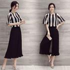 Set: Elbow-sleeve Striped Top + Frilled Cropped Wide Leg Pants
