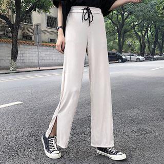 Drawstring-waist Slit-hem Straight-cut Pants