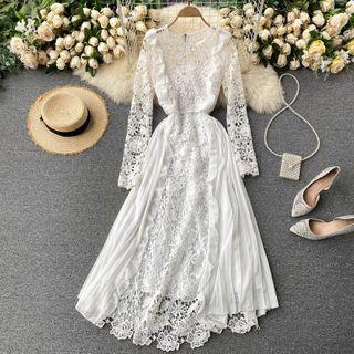 Long-sleeve Cutout Lace Panel Accordion Pleat Chiffon Dress