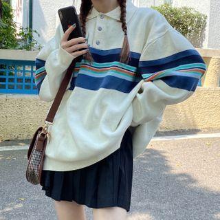 Striped Polo Neck Sweater Almond Beige - One Size