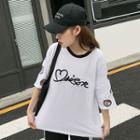 Lettering Elbow-sleeve Cutout T-shirt