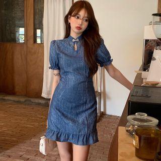 Puff-sleeve Plain Qipao Dress Blue - One Size