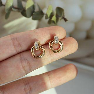 Rhinestone Hoop Dangle Earring 1 Pair - S925 Silver Stud - Gold - One Size