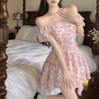 Cold-shoulder Floral Print Shirred A-line Dress
