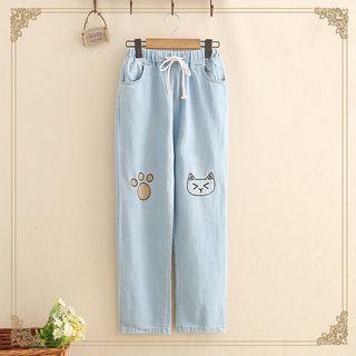 Cat & Paw Embroidered Drawstring Jeans