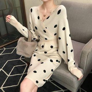Polka Dot Knit Dress Beige - One Size
