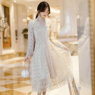 Set: Long-sleeve Midi Lace Dress + Spaghetti Strap Dress