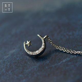 Sterling Silver Moon Star Rhinestone Pendant Necklace