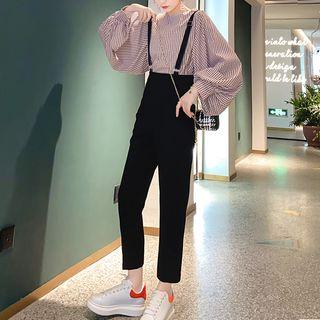 Balloon-sleeve Plaid Blouse / Cropped Straight-cut Pants
