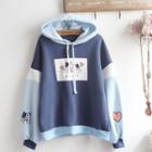 Cat Print Color Block Drawstring Hoodie Blue - One Size