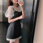 Ruffle Trim Puff-sleeve Lace Top / Spaghetti Strap Rhinestone Mini Sheath Dress