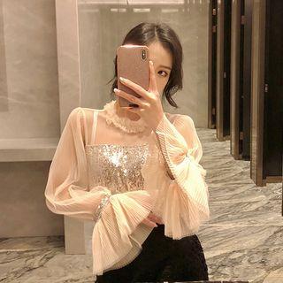 Sequined Panel Mesh Blouse